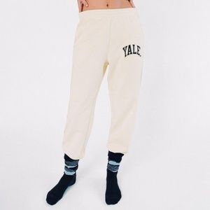 NEW Zara Yale University Embroidered Jogger Sweat Pants Cream Ecru M-L
